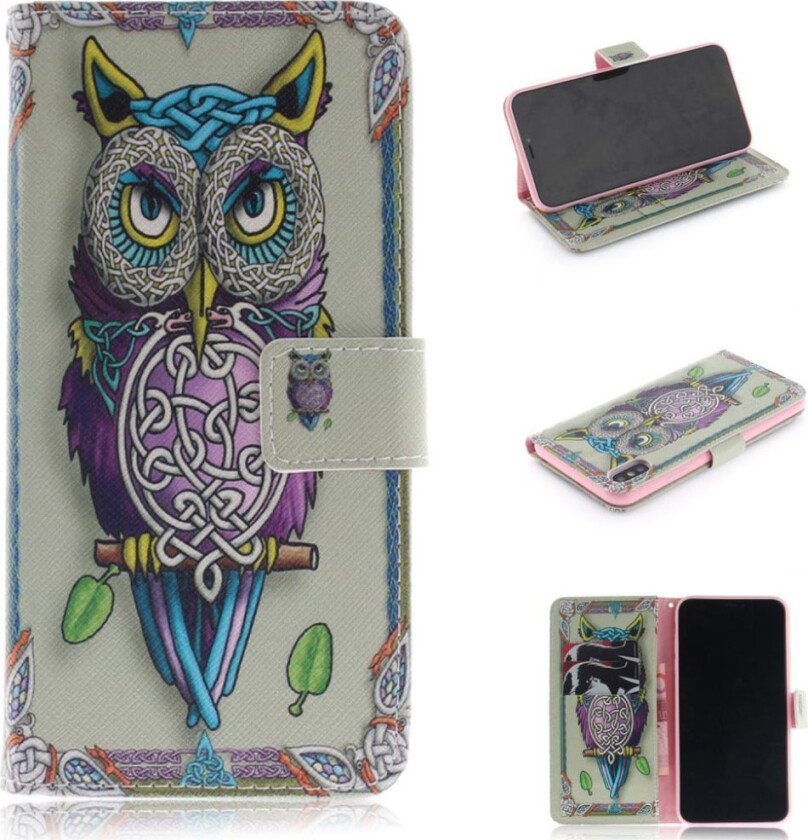 iPhone 9 beskyttelses deksel av syntetisk skinn med printet bilde - fargefull ugle