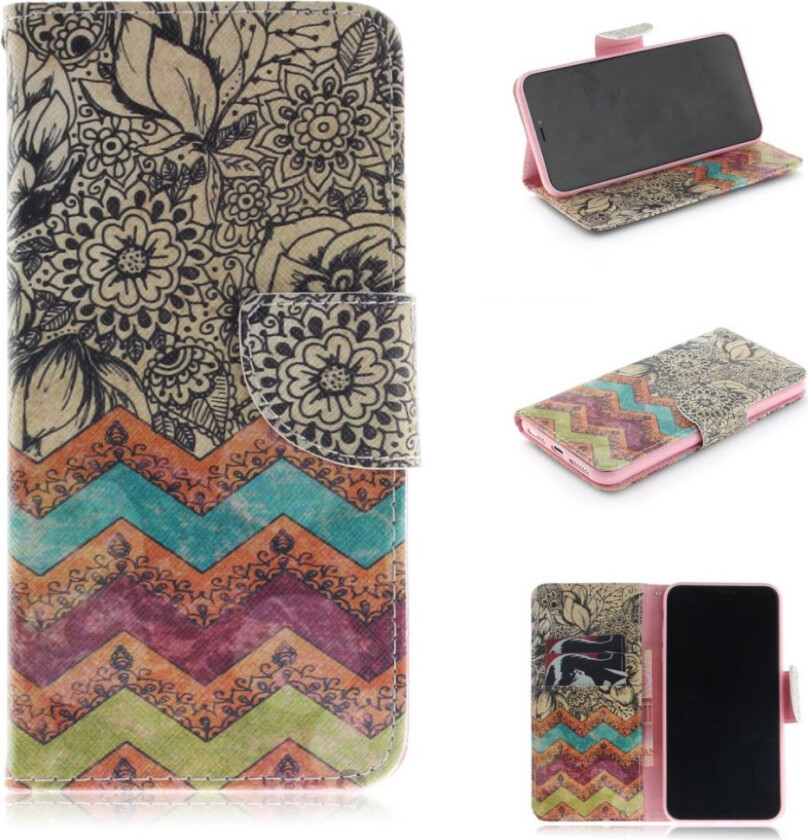 iPhone 9 Plus beskyttelses deksel av syntetisk skinn med printet mønster - retro blomster