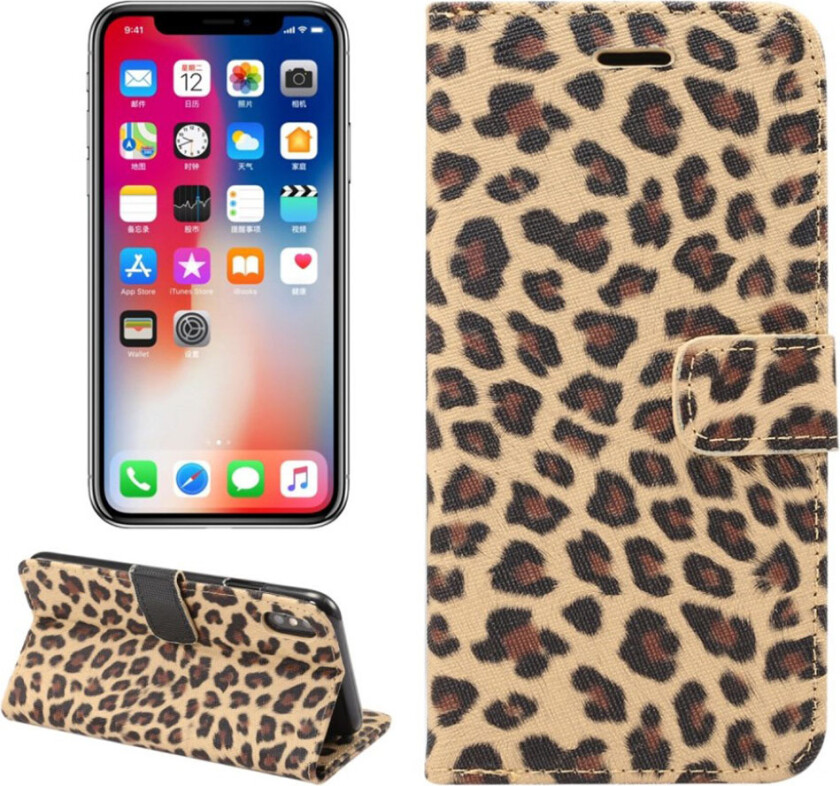 iPhone 9 beskyttelses deksel av syntetisk skinn med leopard mønster - brun