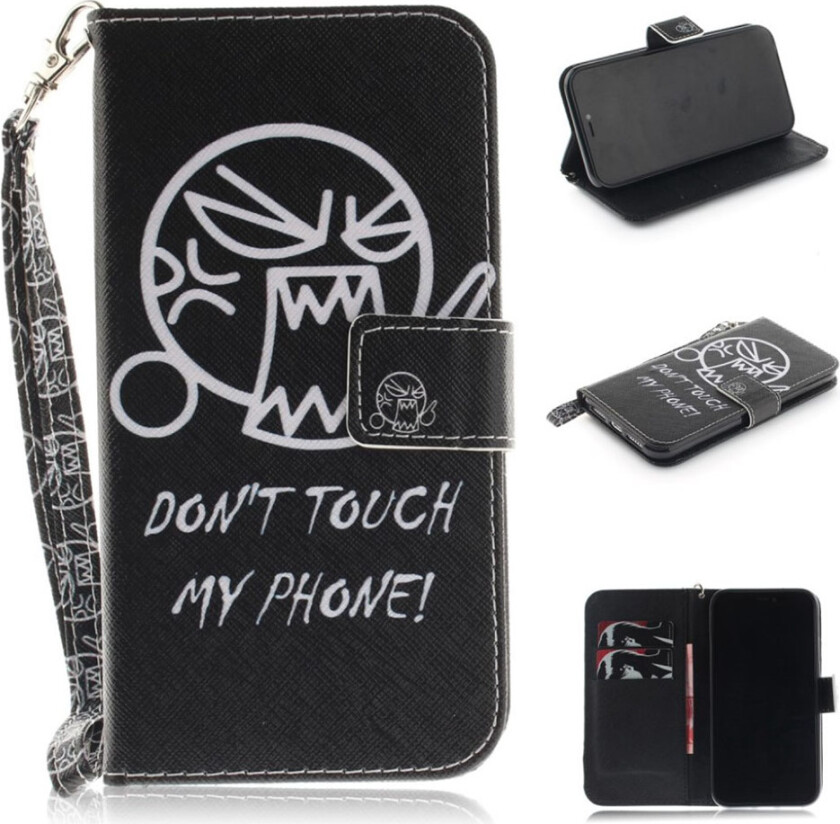 iPhone 9 beskyttelses deksel av syntetisk skinn med printet mønster - sint ansikt og advarsels ord