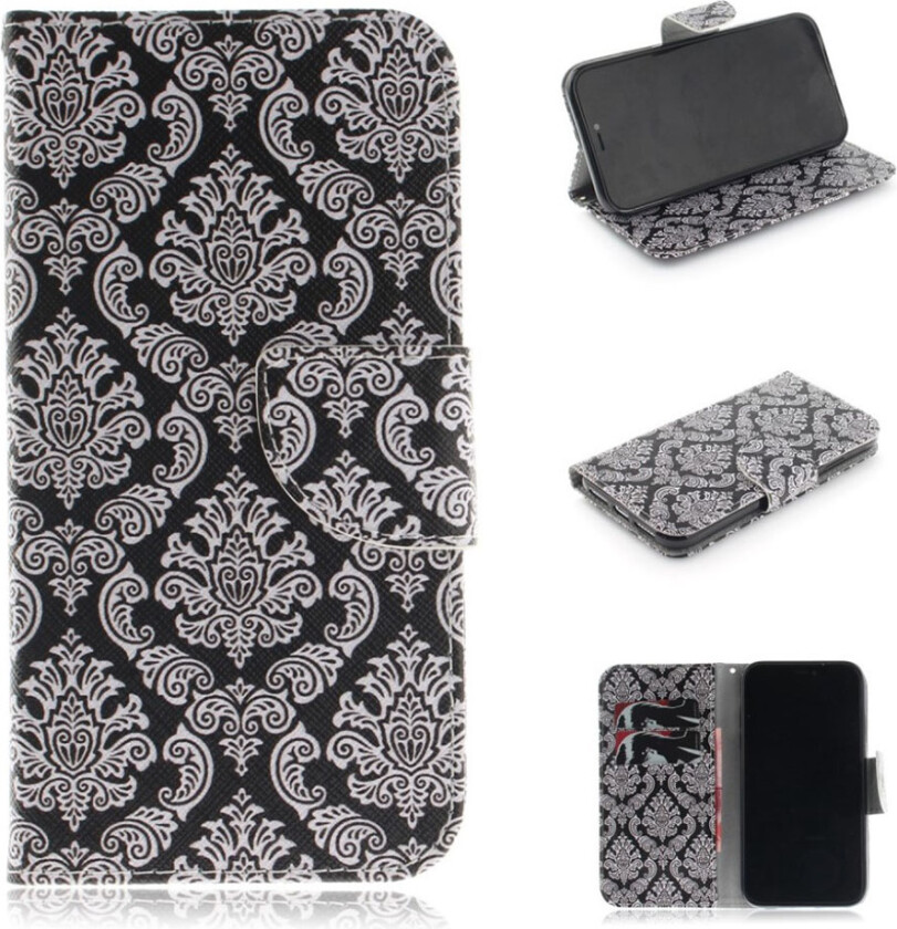 iPhone 9 beskyttelses deksel av syntetisk skinn med printet mønster - damask blomster