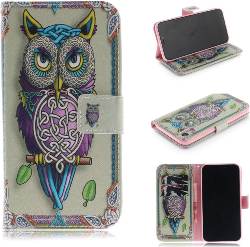 iPhone 9 beskyttelses deksel av syntetisk skinn med printet mønster - ugle mønster