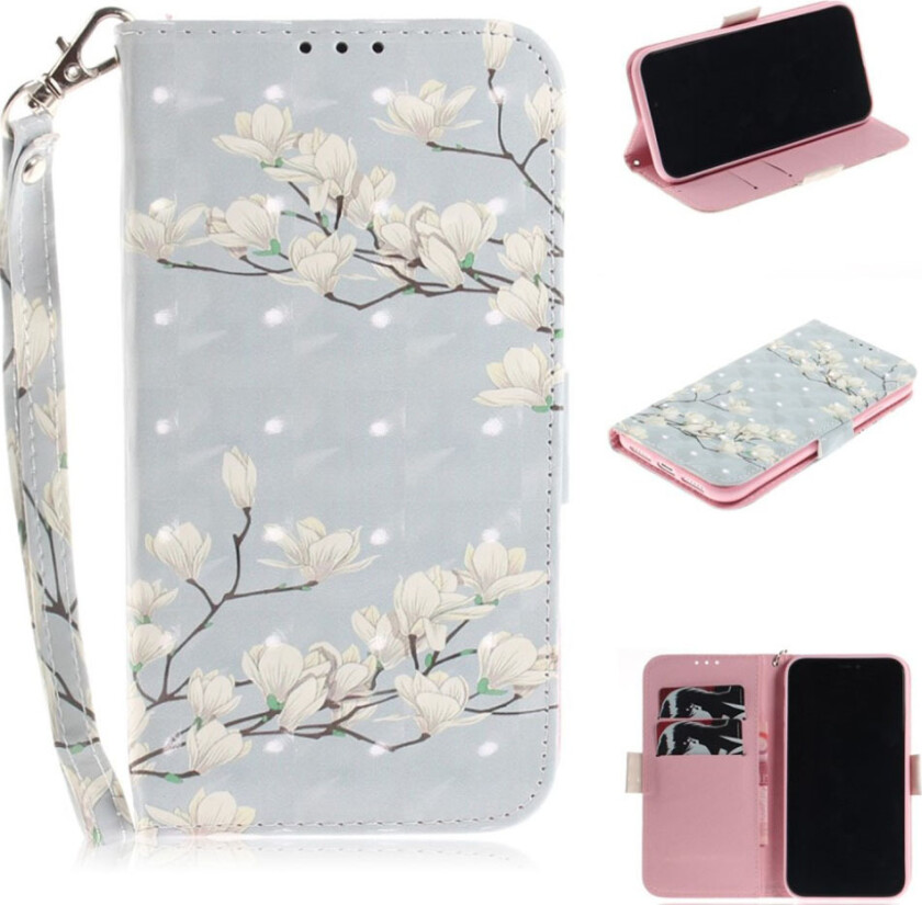 iPhone 9 beskyttelses deksel av syntetisk skinn med printet mønster - hvit blomst