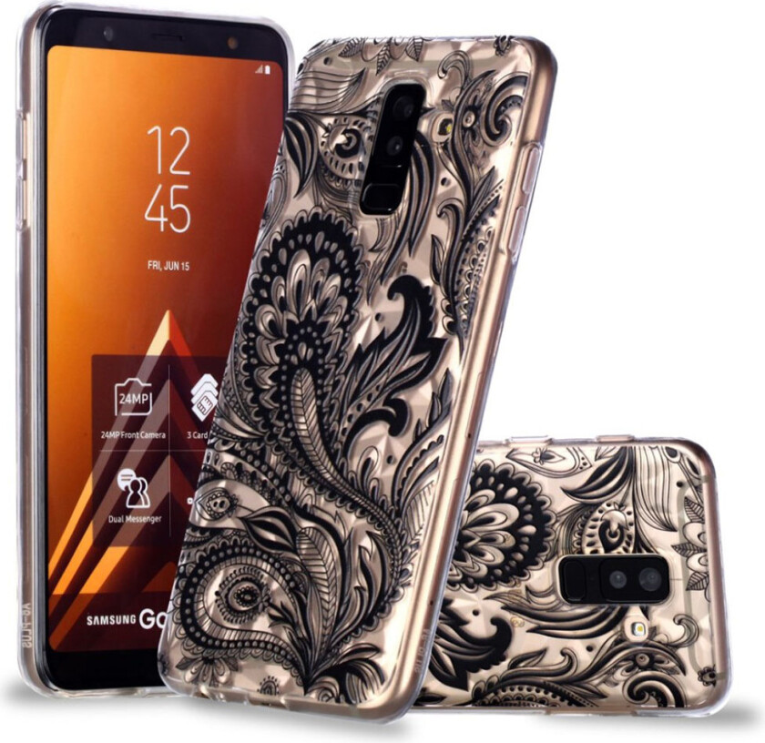 Galaxy A6 Plus beskyttelses deksel av TPU med hevet printet bilde og 3D diamant tekstur - svart blomst mønster