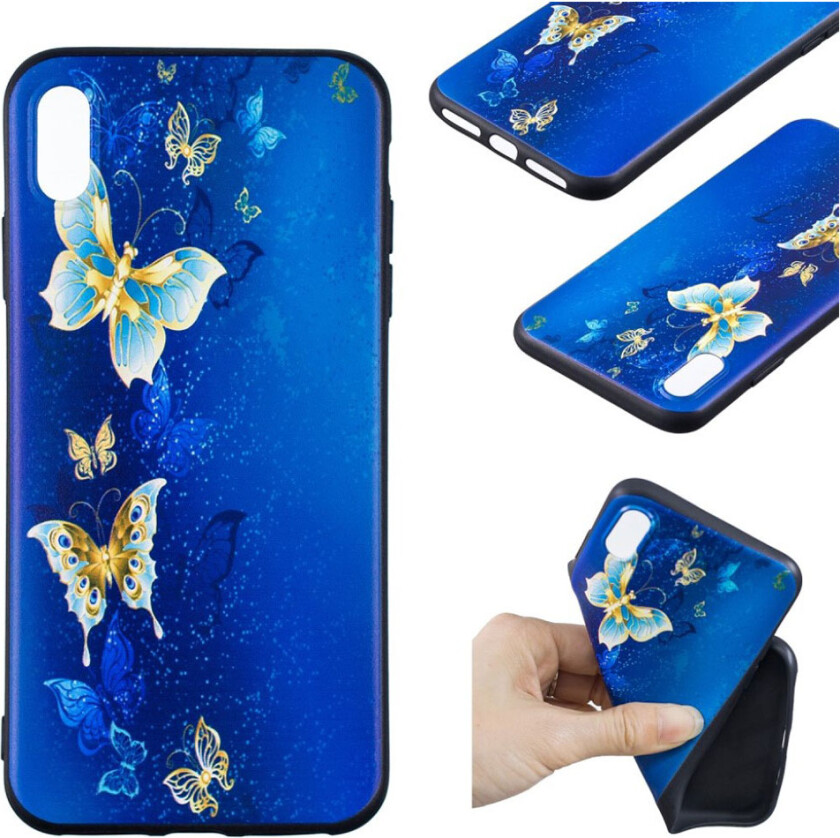 iPhone Xs Max beskyttelses deksel av silikon og plastikk med hevet printet mønster - blå sommerfugl