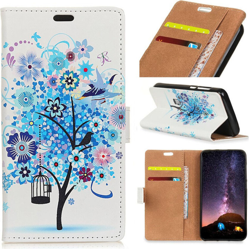 iPhone Xs Max beskyttelses deksel av syntetisk skinn med printet mønster - blått blomster tre med fuglebur