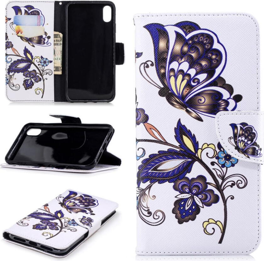 iPhone Xs Max beskyttelses deksel av syntetisk skinn med printet mønster - sommerfugl og blomster
