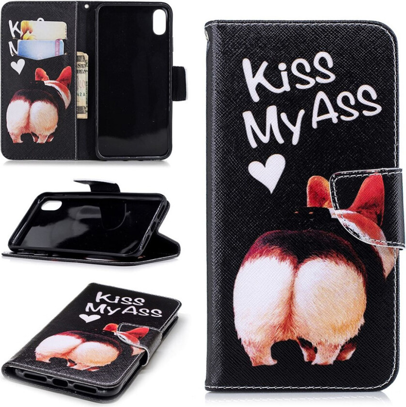 iPhone Xs Max beskyttelses deksel av syntetisk skinn med printet mønster - kyss meg i ræva