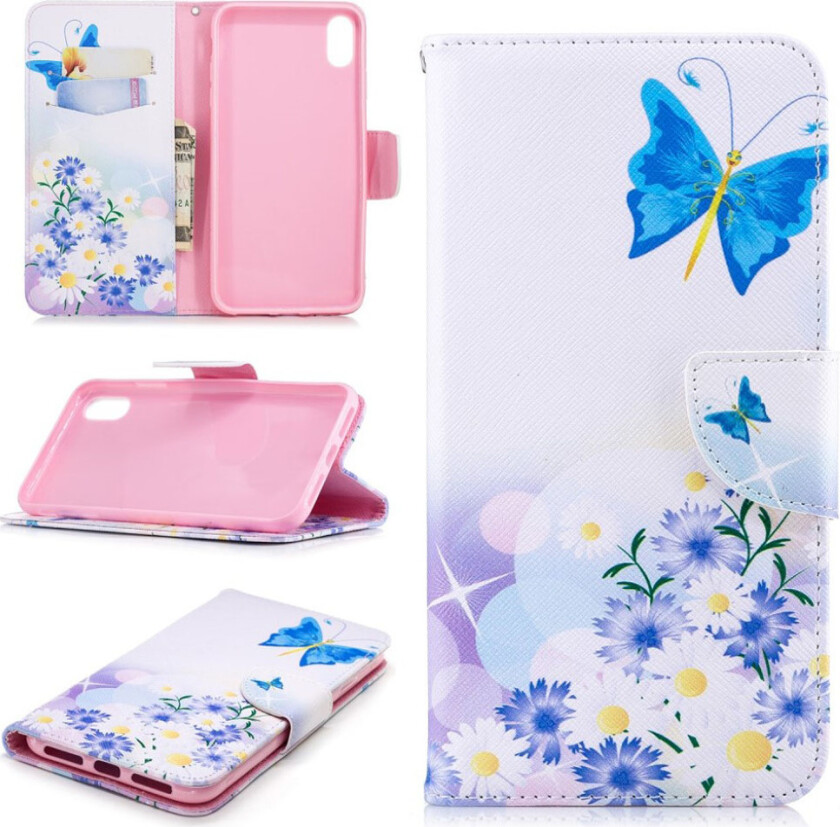 iPhone Xs Max beskyttelses deksel av syntetisk skinn med printet mønster - blå sommerfugler