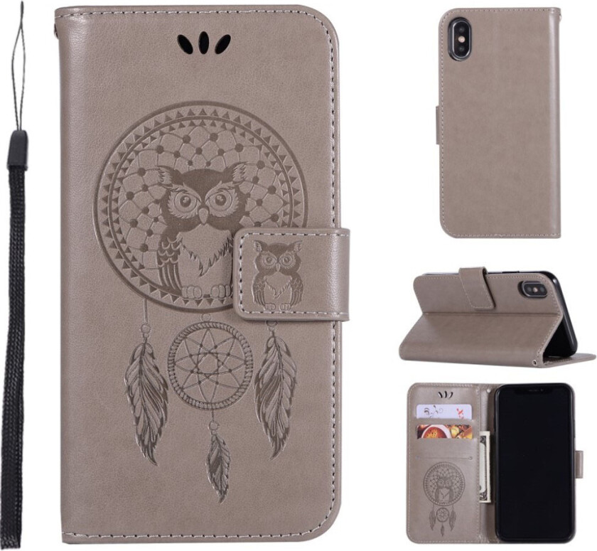 iPhone Xs Max beskyttelses deksel av syntetisk skinn med ugle drømme fanger avtrykk - grå
