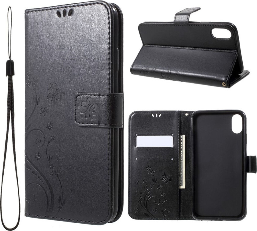 iPhone Xs Max beskyttelses deksel av syntetisk skinn med sommerfugl og blomster avtrykk - svart