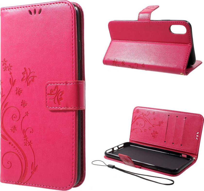 iPhone Xs Max beskyttelses deksel av syntetisk skinn med sommerfugl og blomster avtrykk - rose