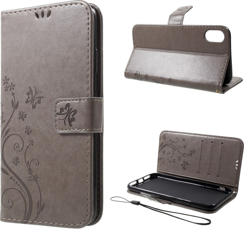 iPhone Xs Max beskyttelses deksel av syntetisk skinn med sommerfugl og blomster avtrykk - grå