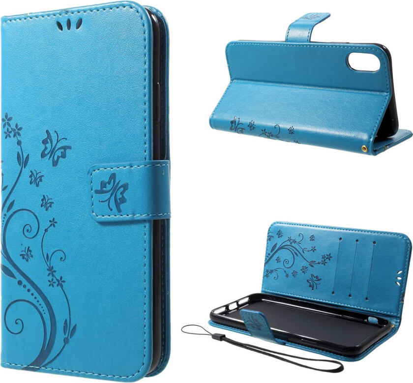 iPhone Xs Max beskyttelses deksel av syntetisk skinn med sommerfugl og blomster avtrykk - blå