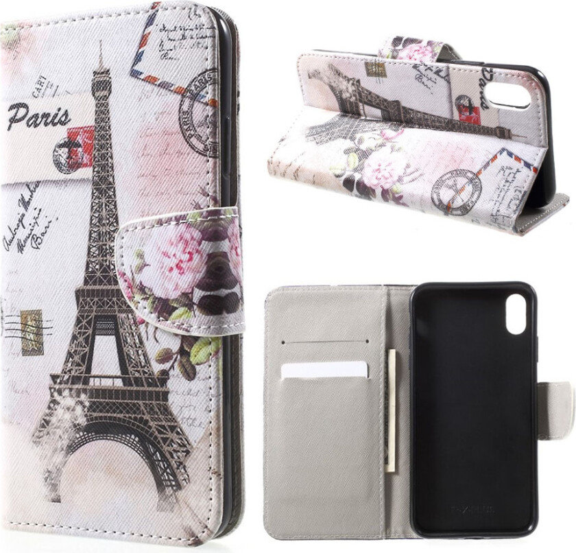 iPhone Xs Max beskyttelses deksel av syntetisk skinn med printet mønster i kryss tekstur - eiffel tårn