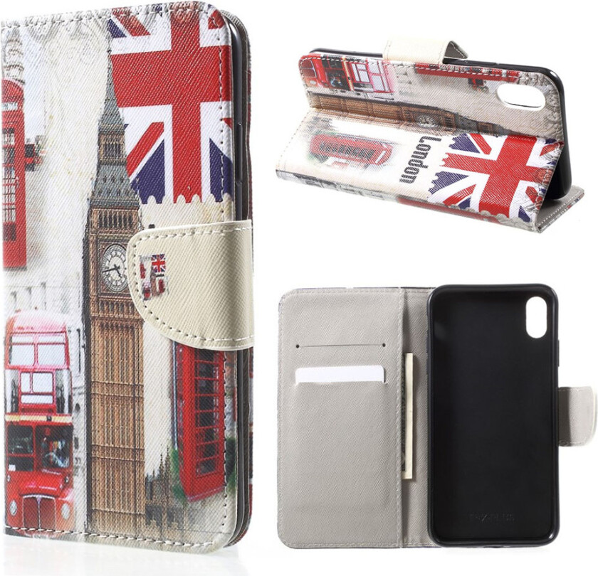 iPhone Xs Max beskyttelses deksel av syntetisk skinn med printet mønster i kryss tekstur - store ben og UK flagg
