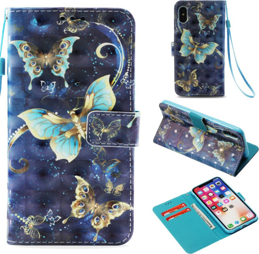 iPhone Xs Max beskyttelses deksel av syntetisk skinn med printet mønster og lyse flekker - gull og sommerfugl om natten
