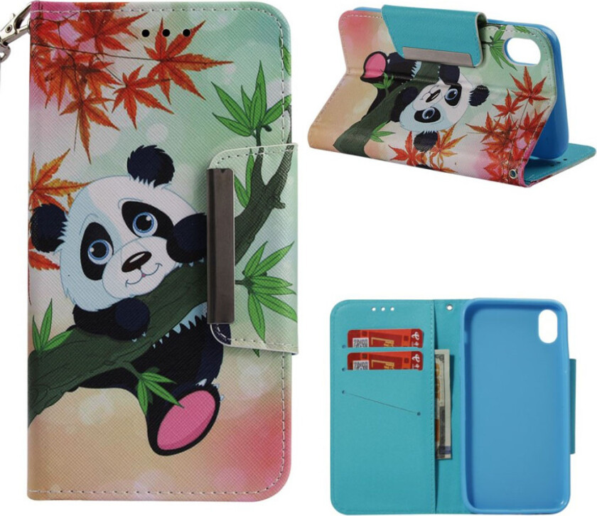 iPhone Xs Max beskyttelses deksel av syntetisk skinn med printet mønster - panda på tre