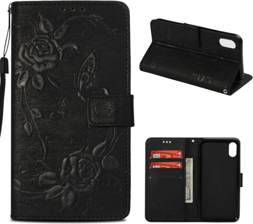 iPhone Xs Max beskyttelses deksel av syntetisk skinn med sommerfugl og blomster avtrykk - svart