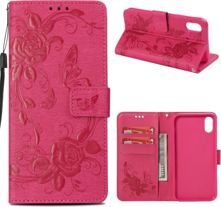 iPhone Xs Max beskyttelses deksel av syntetisk skinn med sommerfugl og blomster avtrykk - rose