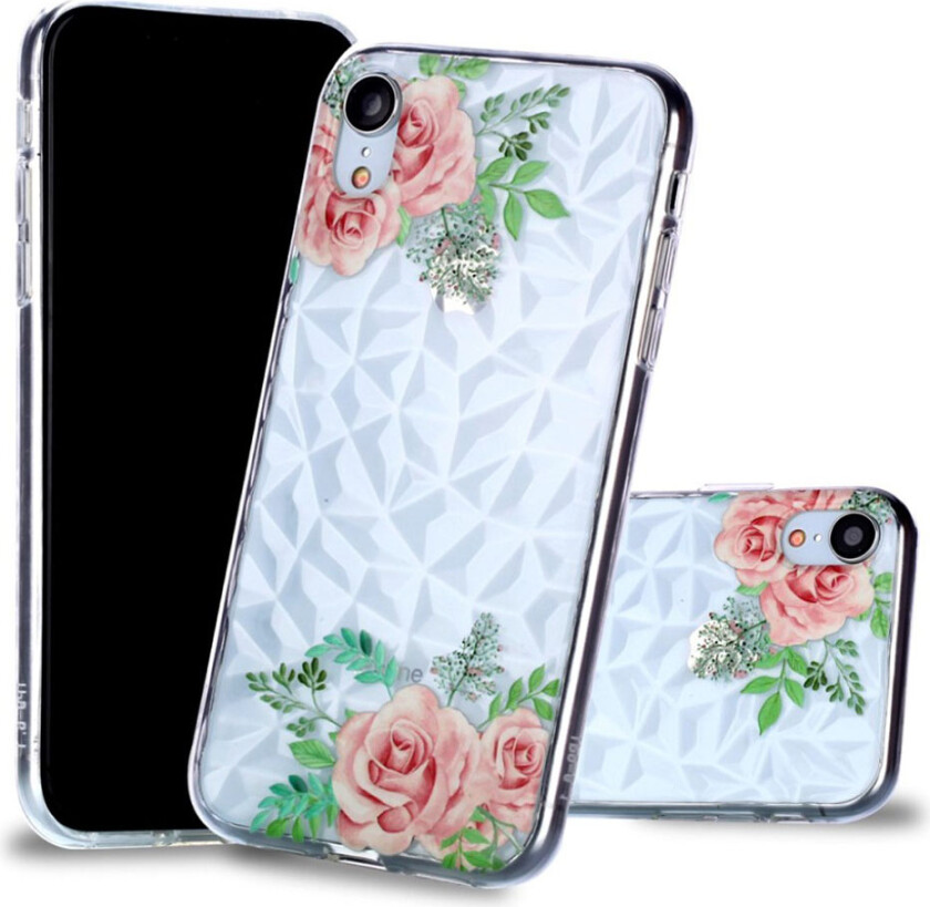 iPhone Xr beskyttelses deksel av silikon og plastikk med hevet printet mønster og 3D diamant overflate - rosa blomster