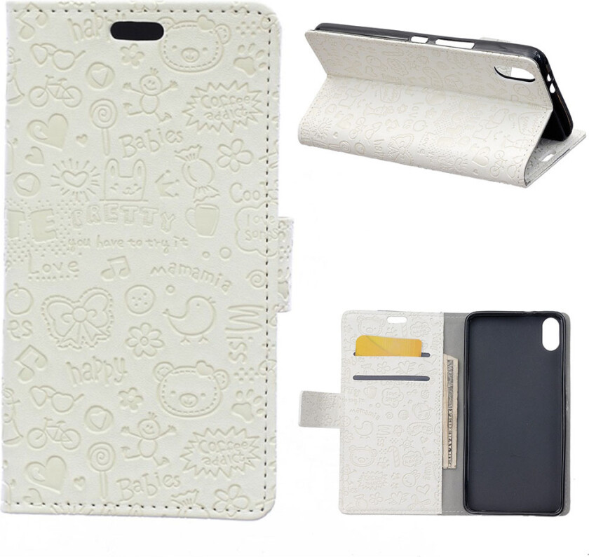 iPhone Xr beskyttelses deksel av syntetisk skinn med tegnefilm graffiti tekstur - hvit