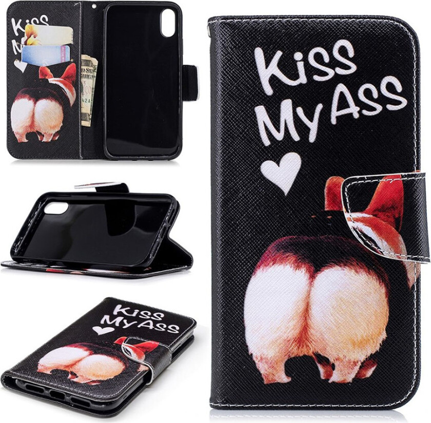 iPhone Xr beskyttelses deksel av syntetisk skinn med printet mønster - kyss meg i ræva