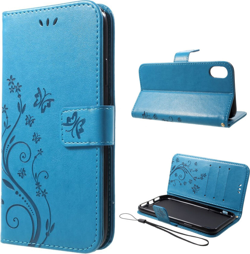 iPhone Xr beskyttelses deksel av syntetisk skinn med sommerfugl og blomster avtykk - blå