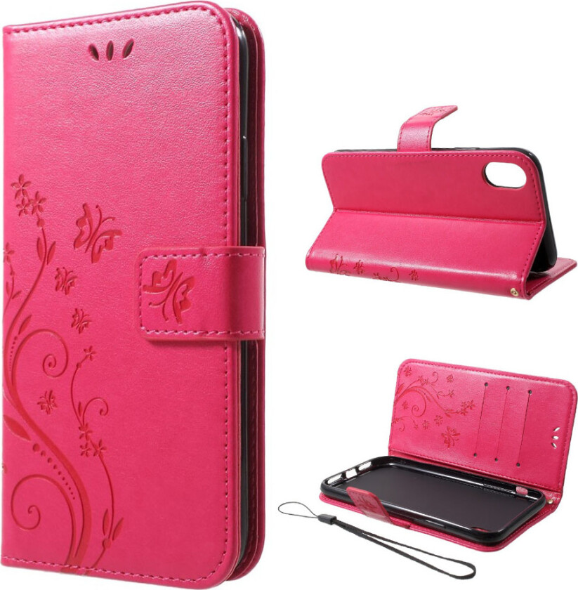 iPhone Xr beskyttelses deksel av syntetisk skinn med sommerfugl og blomster avtykk - rose