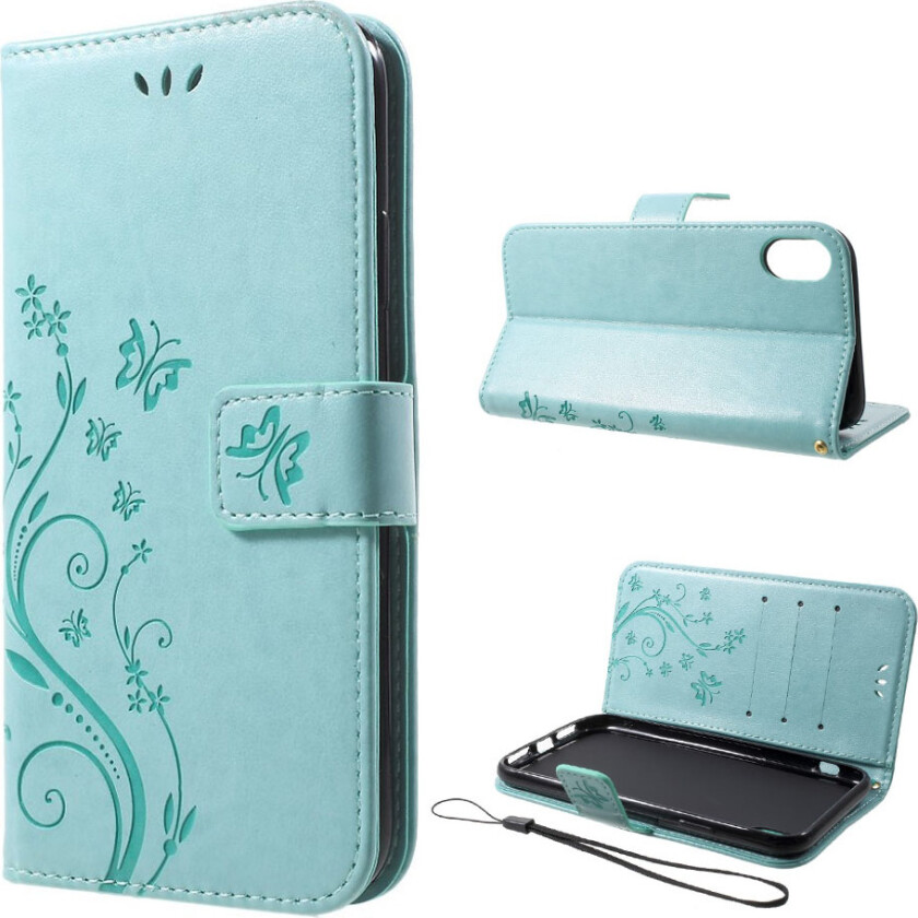 iPhone Xr beskyttelses deksel av syntetisk skinn med sommerfugl og blomster avtykk - turkis