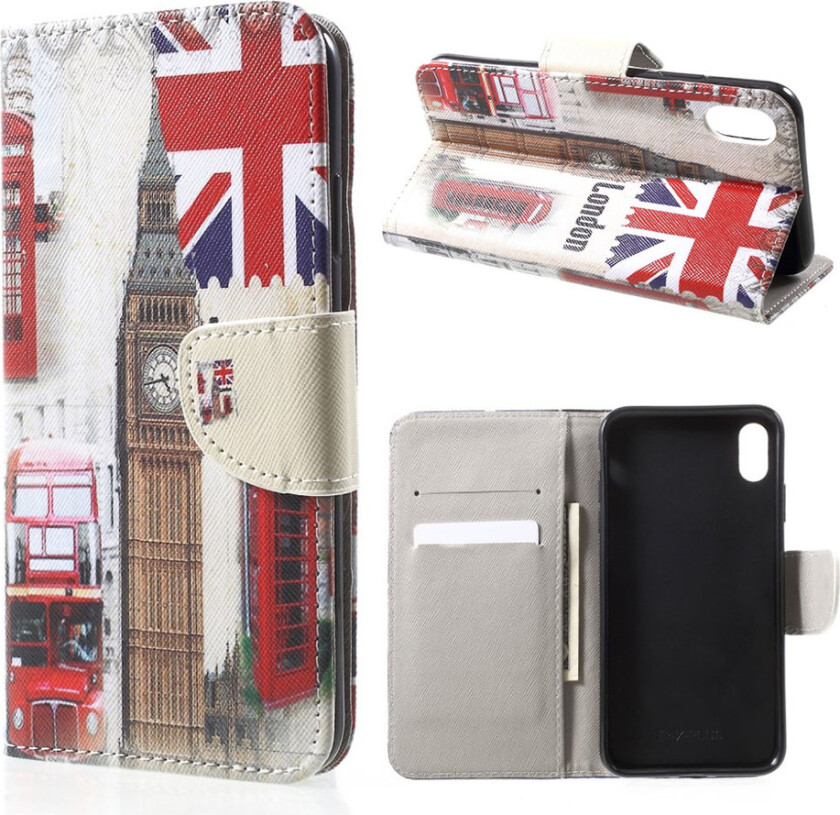 iPhone Xr beskyttelses deksel av syntetisk skinn med printet mønster - store ben og UK flagg