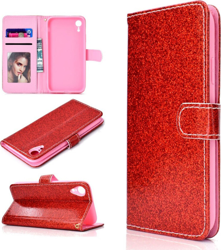 iPhone Xr beskyttelses deksel av syntetisk skinn med glitter pulver - rød