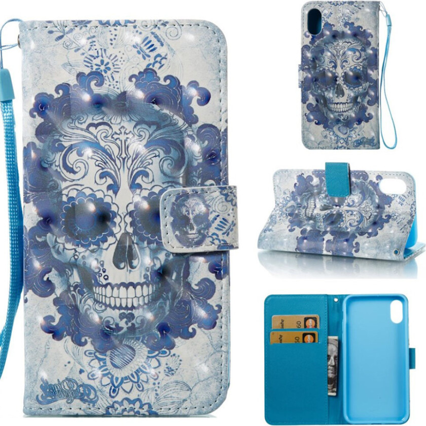 iPhone Xr beskyttelses deksel av syntetisk skinn med printet mønster og lyse flekker - blomster hodeskalle