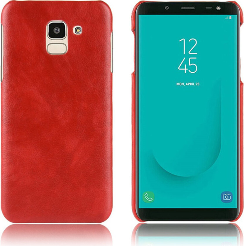 Galaxy J6 beskyttelses deksel av plastikk dekt i syntetisk skinn med litchi tekstur - rød