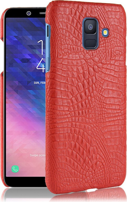 Galaxy A6 beskyttelses deksel av plastikk dekt av synteisk skinn med krokodille tekstur - rød