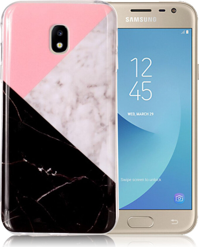 Galaxy J3 IMD beskyttelses deksel av TPU med marmor tekstur - svart hvit og rosa