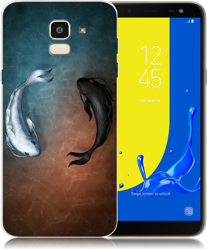 Galaxy J6 beskyttelses deksel av silikon og plastikk med printet mønster - svart og hvit fisk