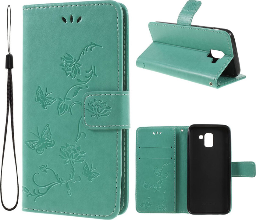 Galaxy J6 beskyttelses deksel av syntetisk skinn med sommerfugl avtrykk - grønn
