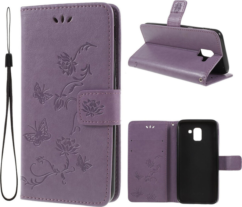 Galaxy J6 beskyttelses deksel av syntetisk skinn med sommerfugl avtrykk - lyse lilla