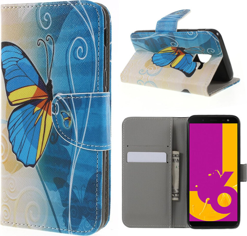 Galaxy J6 beskyttelses deksel av syntetisk skinn med printet bilde - blå sommerfugl