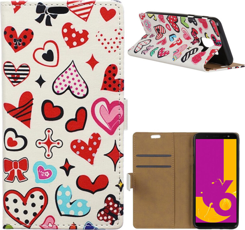 Galaxy J6 beskyttelses deksel av syntetisk skinn med printet bilde - hjerter og polka dotter