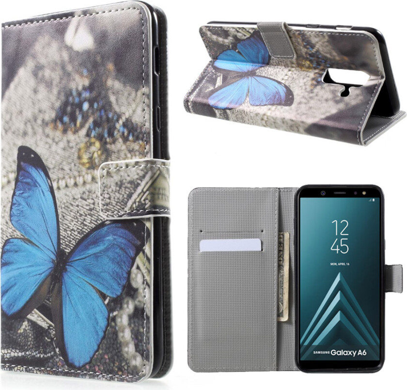 Galaxy A6 beskyttelses deksel av syntetisk skinn med printet bilde - blå sommerfugl