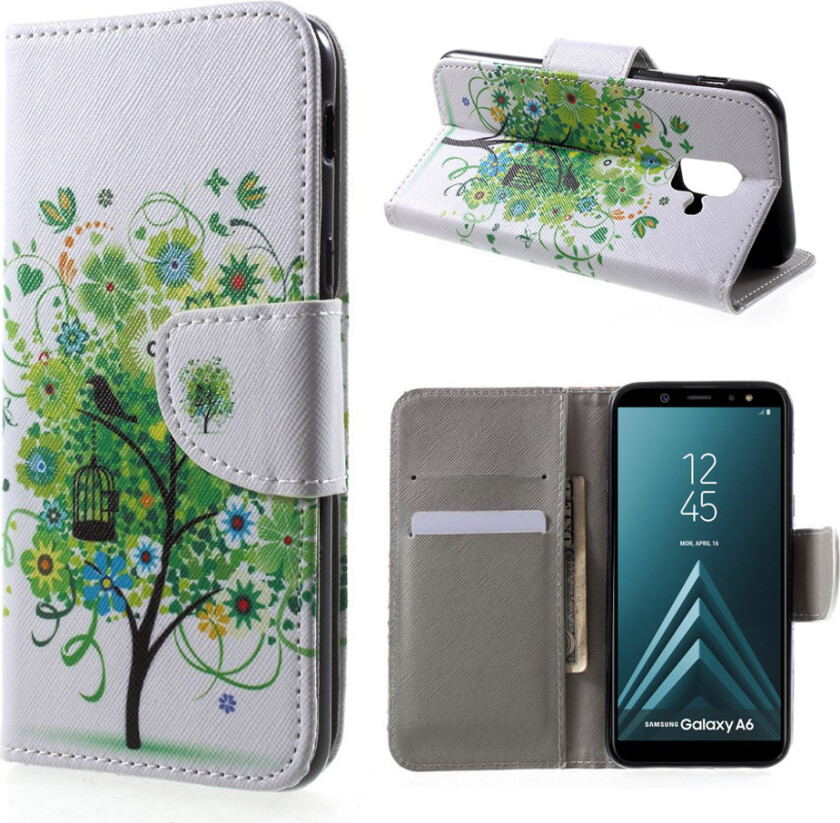 Galaxy A6 beskyttelses deksel av syntetisk skinn med printet bilde - grønnt tre