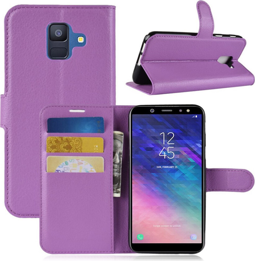 Galaxy A6 beskyttelses deksel av syntetisk skinn med litchi tekstur - lilla