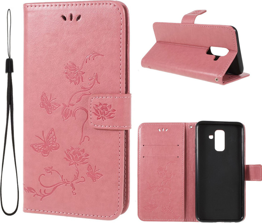 Galaxy A6 beskyttelses deksel i syntetisk skinn med sommerfugl avtrykk - rosa