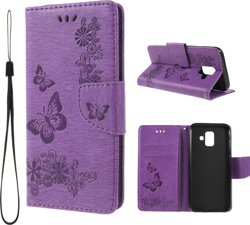 Galaxy A6 beskyttelses deksel i syntetisk skinn med sommerfugl avtrykk - lilla