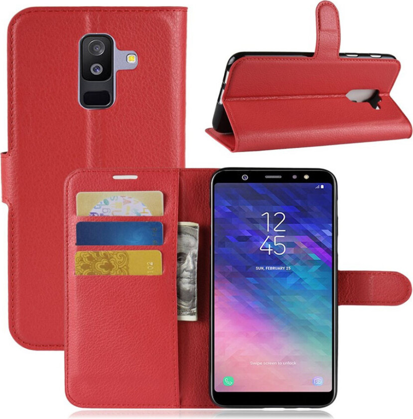 Galaxy A6 Plus beskyttelses deksel i syntetisk skinn med litchi tekstur - rød