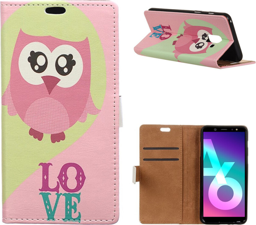 Galaxy A6 beskyttelses deksel i syntetisk skinn med printet bilde - Ugle og ordet love