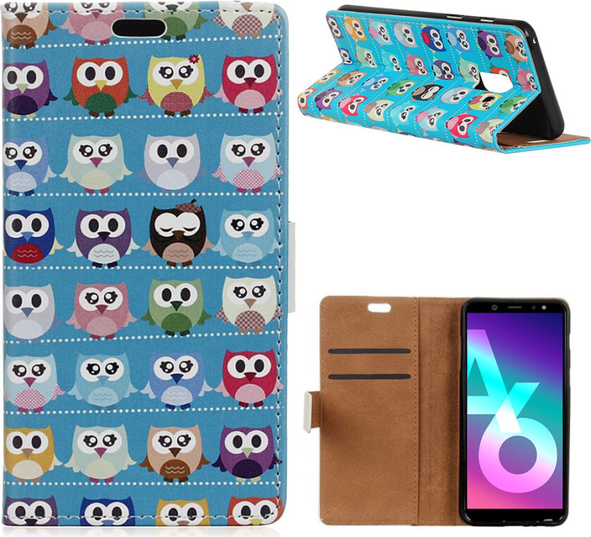 Galaxy A6 beskyttelses deksel i syntetisk skinn med printet bilde - blå bakgrunn ugler