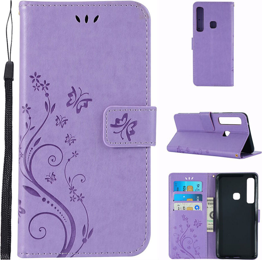 Galaxy A9 beskyttelses deksel av syntetisk skinn med sommerfugl og blomst avtrykk - lilla